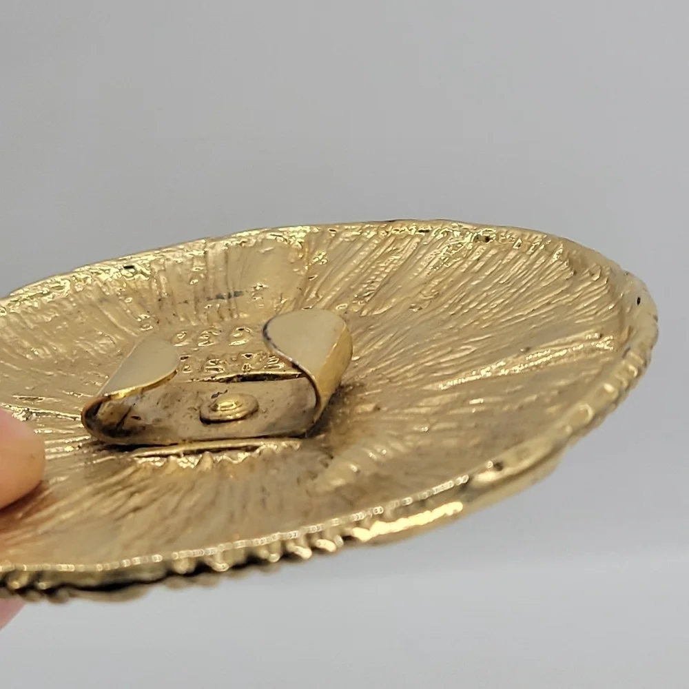 Vintage Signed PEARL 1990 Belt Buckle Round Gold Metal Enamel